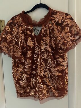 Anthropologie Copper Sequin Ruffle Sleeve Blouse